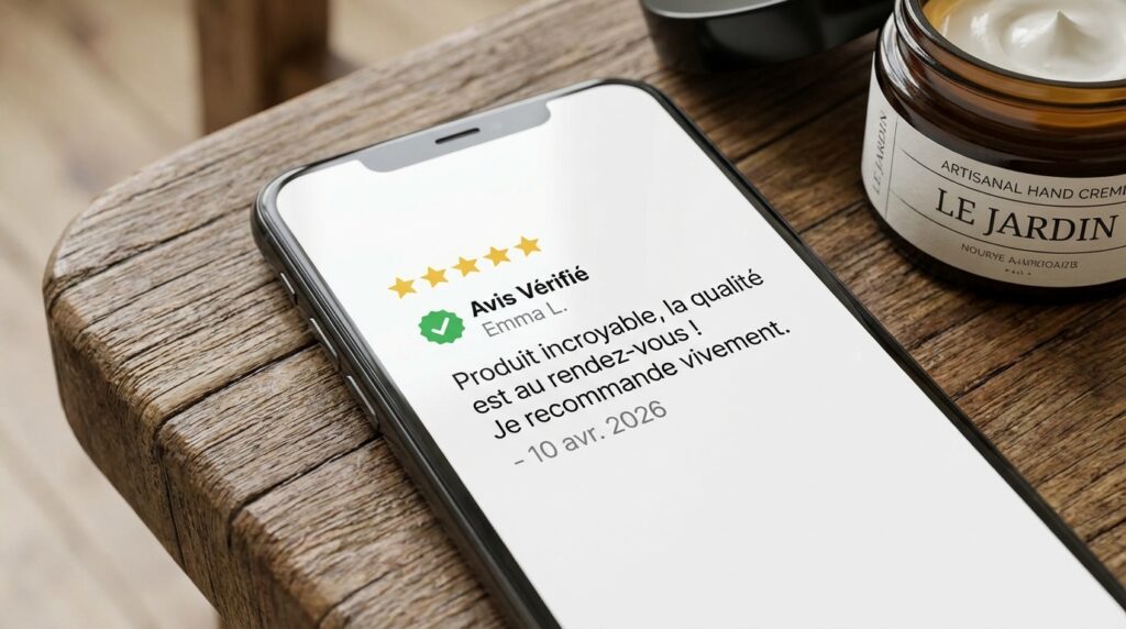 Smartphone on a wooden table displaying a five-star verified review with French text and a green check mark, beside a jar of cream.