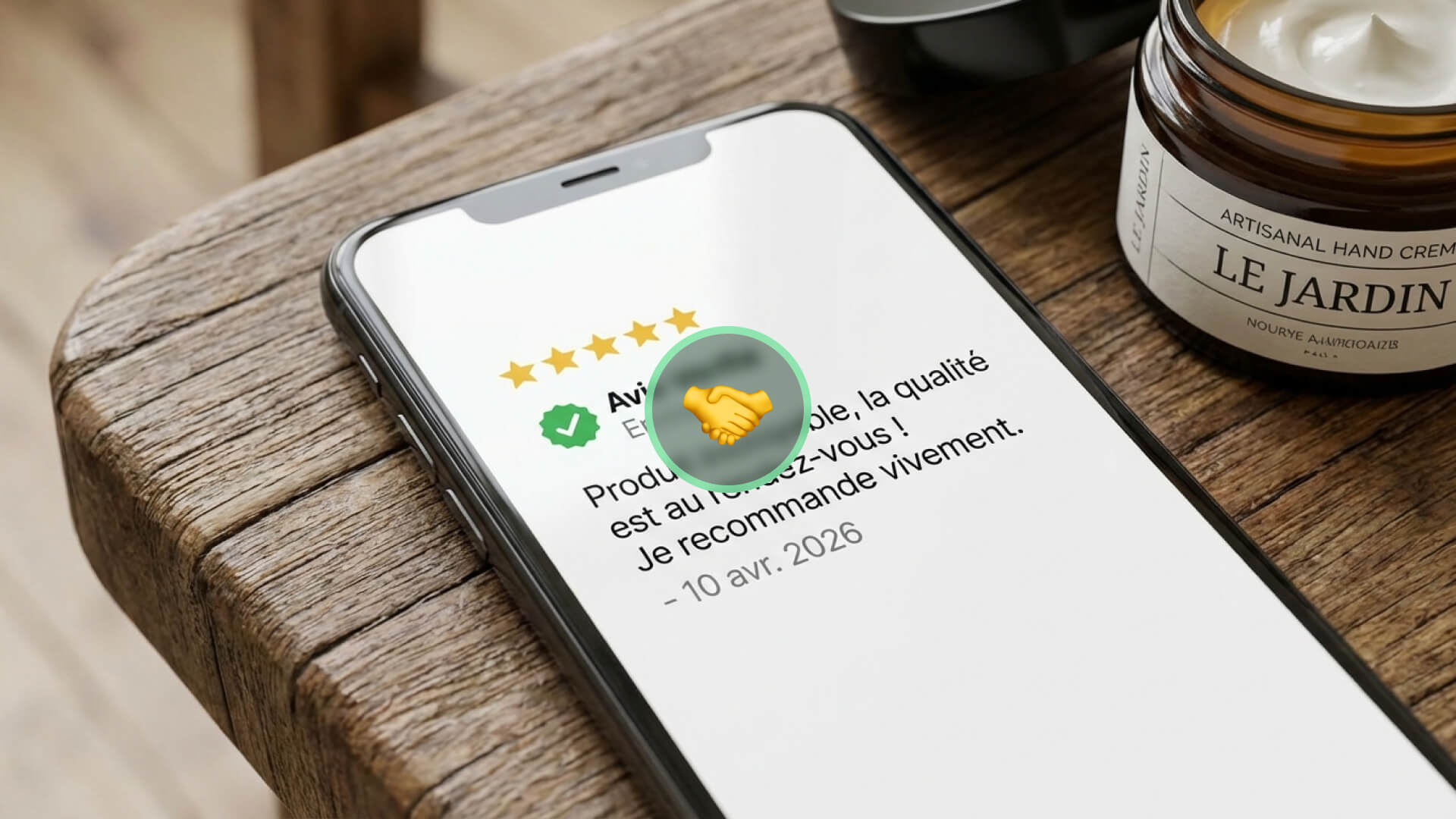 Phone on a wooden table showing a 5-star review with a green check and handshake badge, beside a jar of cream.