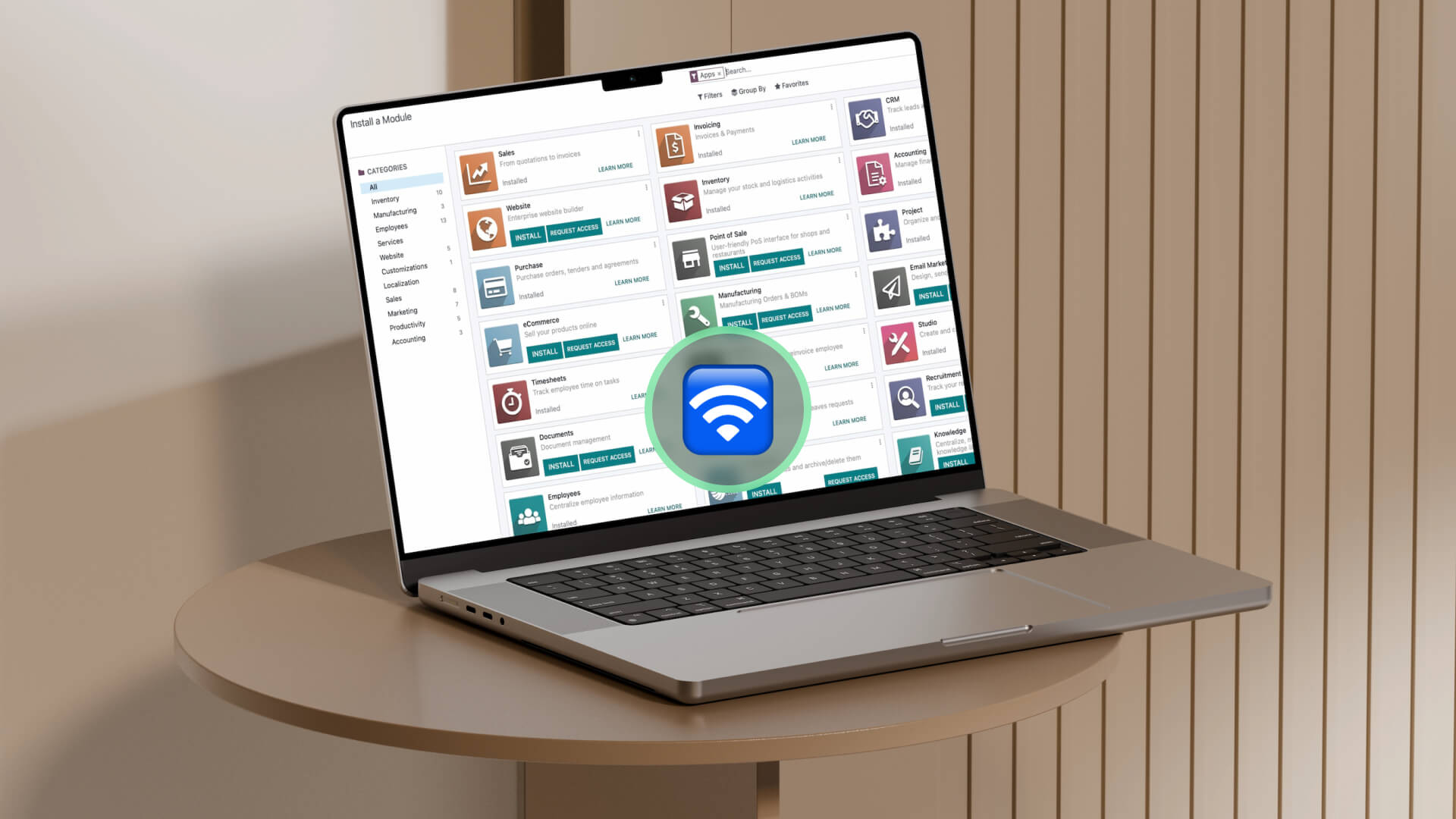 Laptop on a round table showing a multi-panel software dashboard with a large blue Wi‑Fi icon overlay in a green circle.