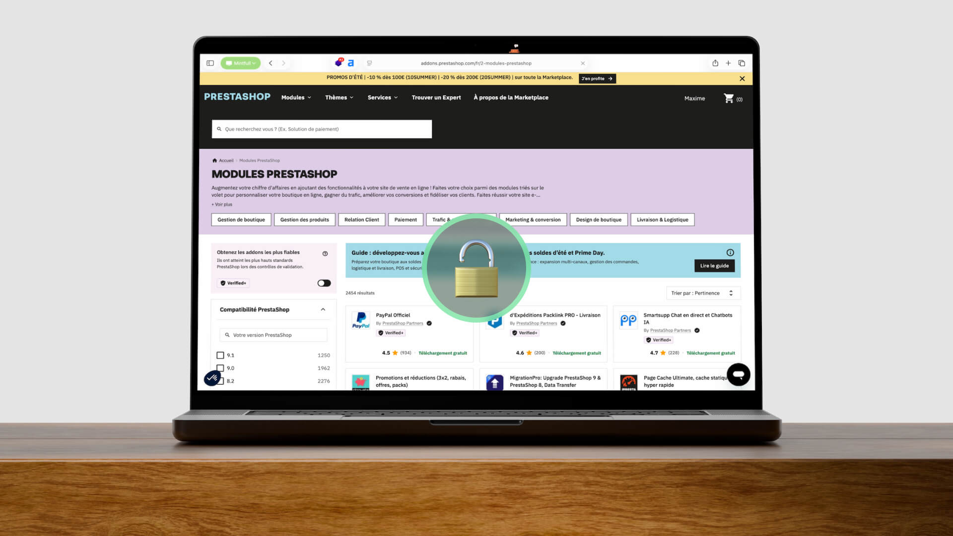 Laptop screen shows a Prestashop marketplace page with a large padlock badge overlaying the content, signaling security.