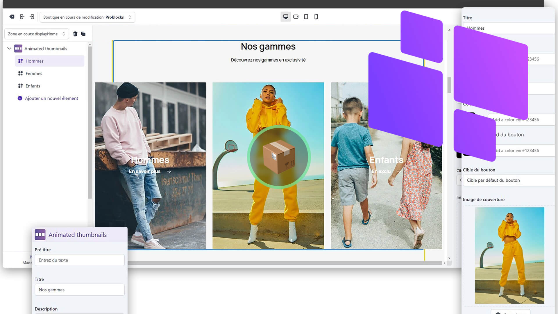 Hero banner for 'Nos gammes' showing three category tiles: Hommes, Enfants, and Femmes in a fashion catalog layout (online shop).
