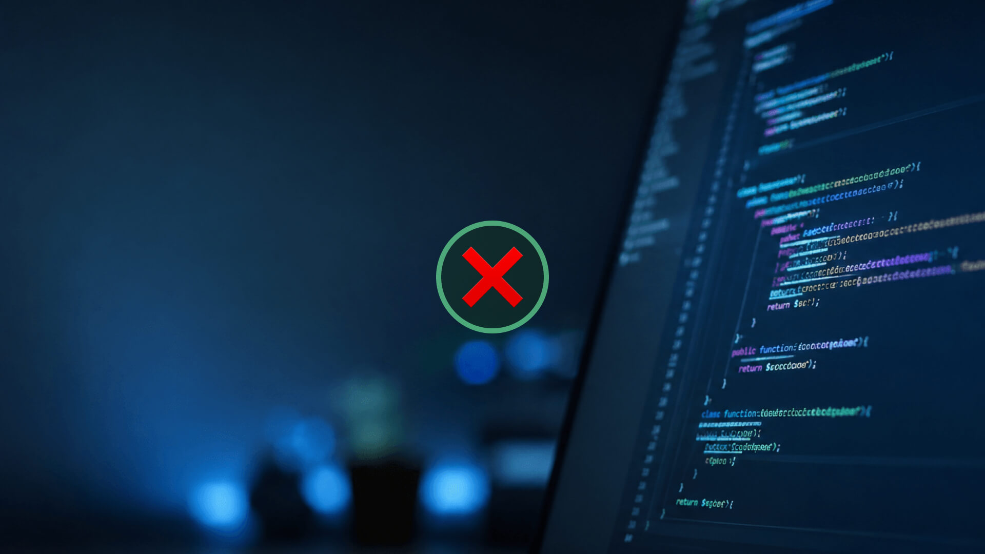 Red X inside a green circle overlay atop a dark blue code screen, signaling an error in software.