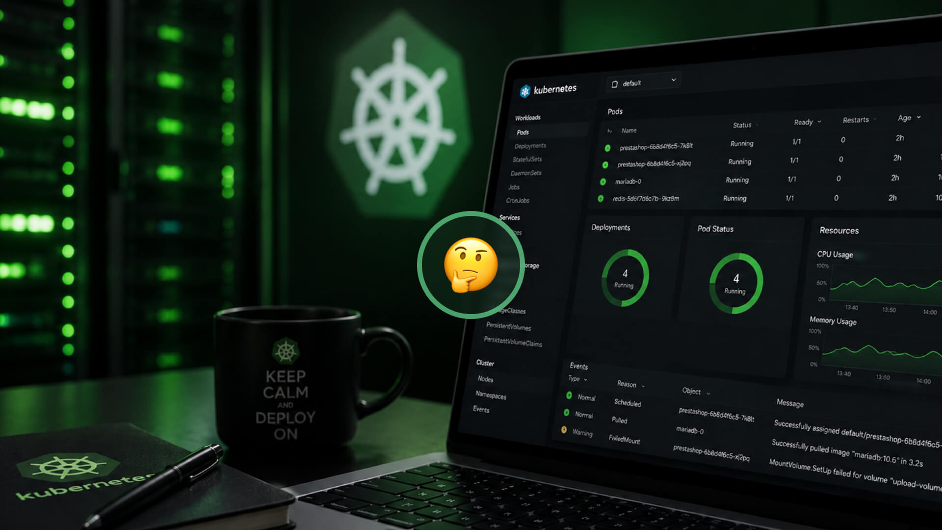 Laptop screen shows a Kubernetes dashboard with pods, deployments and metrics; a thinking emoji overlay foregrounds the display.