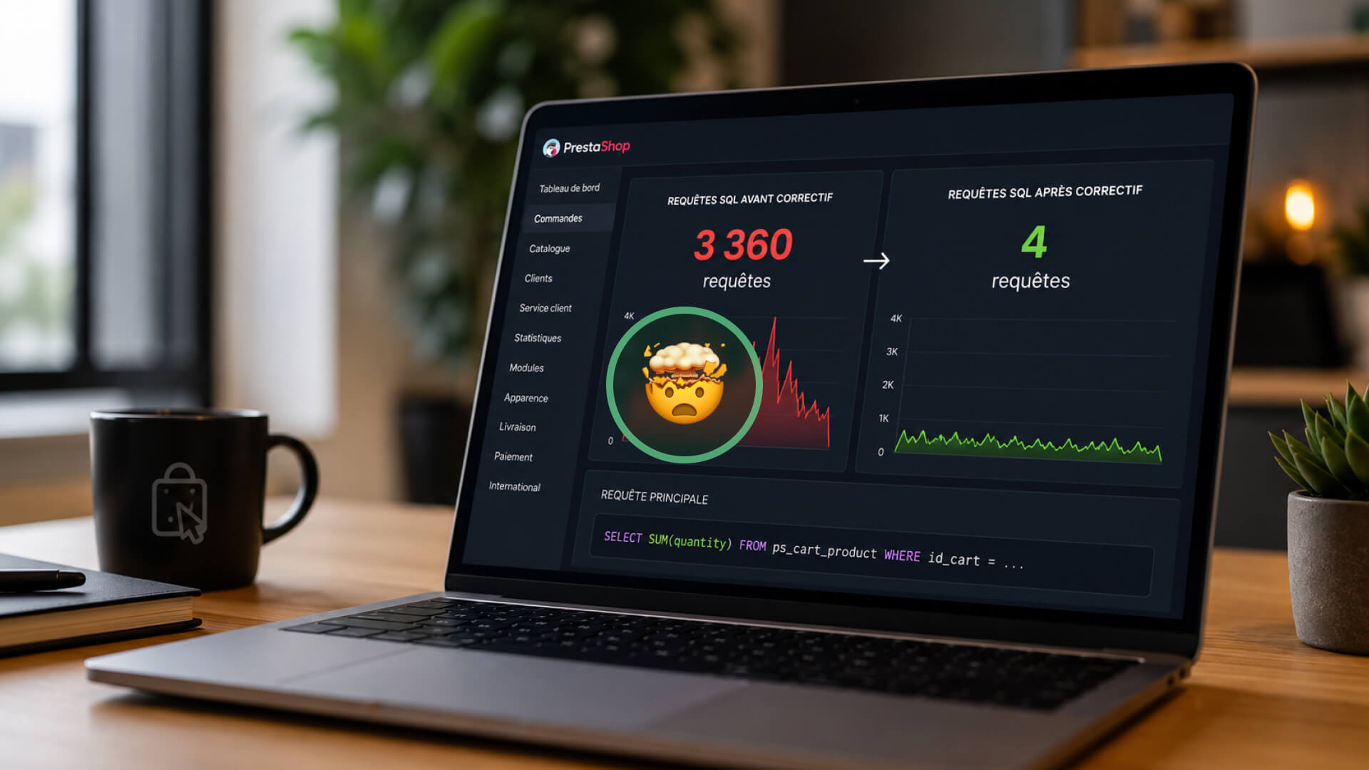 Laptop screen displaying a dark analytics dashboard with SQL request counts, graphs, and a circled emoji alert.