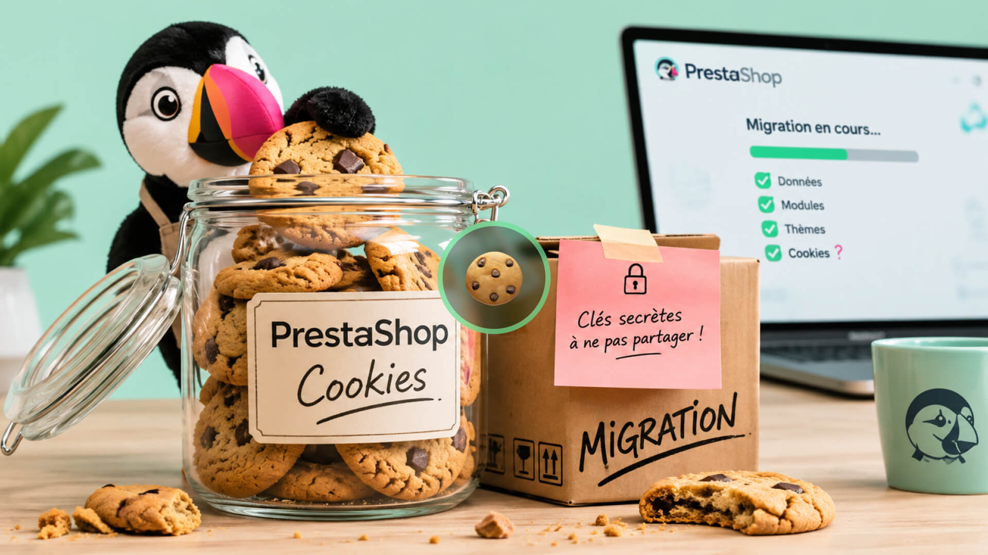 Jar of chocolate chip cookies labeled 'PrestaShop Cookies' beside a migration box and a PrestaShop laptop screen.